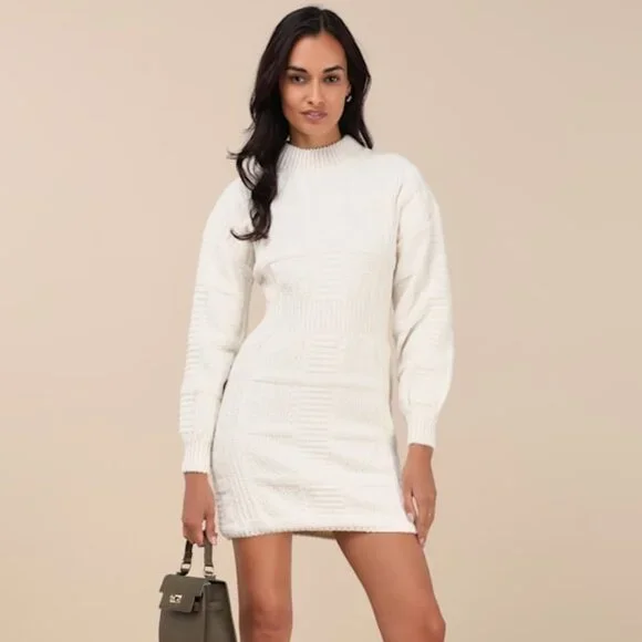Lulus | Dresses | Lulus Patchwork It Cream Cable Knit Cutout Sweater Dress  White Size L | Poshmark